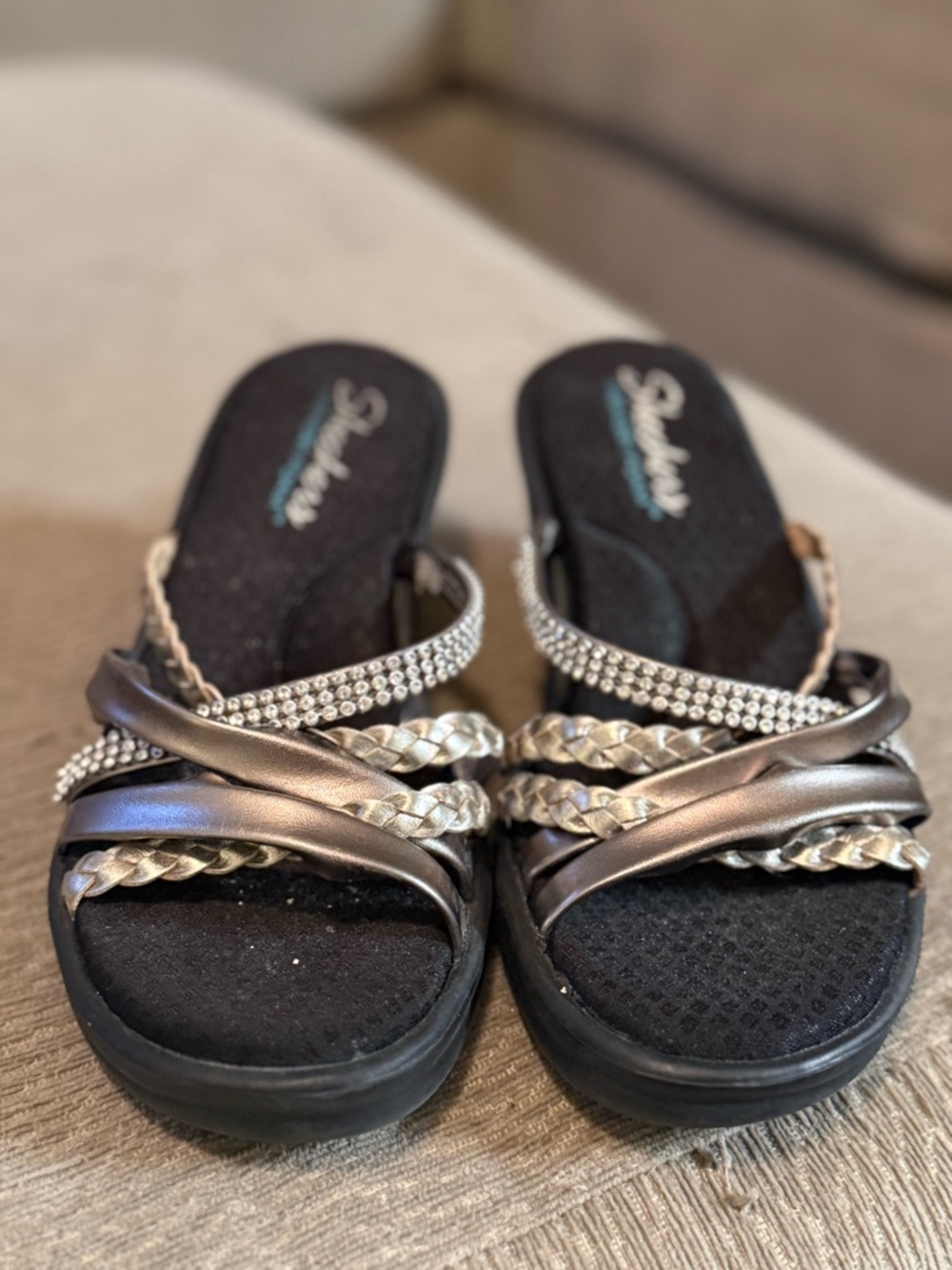 Skechers Black Slide Sandals with Silver Braided & Rhinestone Straps